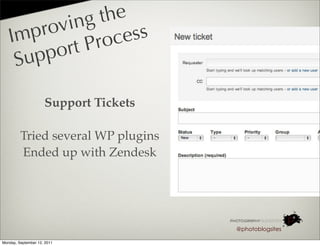 ing   the
   I mp rov          ess
            rt P roc
    S up po

                     Support Tickets

         Tried several WP plugins
         Ended up with Zendesk




                                       @photoblogsites

Monday, September 12, 2011
 
