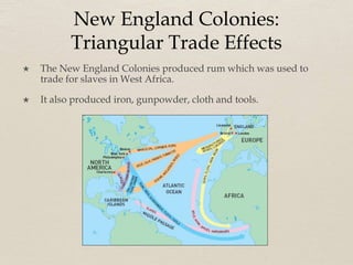 New England Colonies:
Triangular Trade Effects
 The New England Colonies produced rum which was used to
trade for slaves in West Africa.
 It also produced iron, gunpowder, cloth and tools.
 