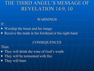THE THIRD ANGEL’S MESSAGE OF REVELATION 14:9, 10 WARNINGS If : Worship the beast and his image Receive the mark in his forehead or his right hand CONSEQUENCES Then: They will drink the wine of God’s wrath They will be tormented with fire They will burn    