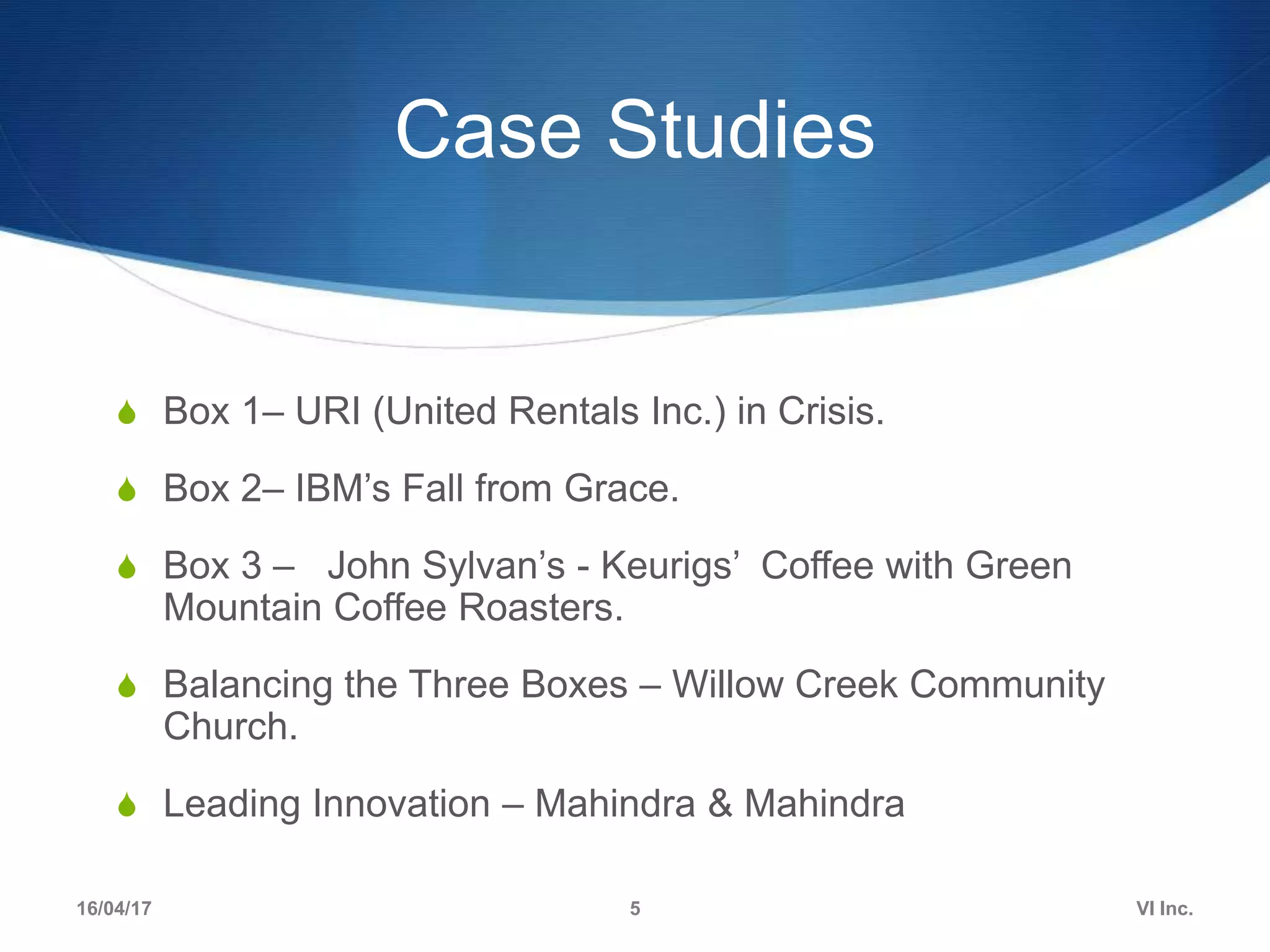 Case Studies
S Box 1– URI (United Rentals Inc.) in Crisis.
S Box 2– IBM’s Fall from Grace.
S Box 3 – John Sylvan’s - Keurigs’ Coffee with Green
Mountain Coffee Roasters.
S Balancing the Three Boxes – Willow Creek Community
Church.
S Leading Innovation – Mahindra & Mahindra
16/04/17 VI Inc.5
 