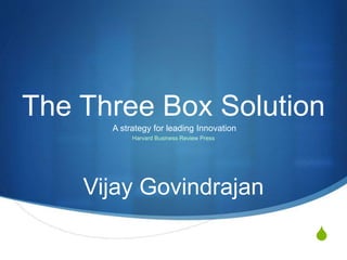 S
The Three Box Solution
Vijay Govindrajan
A strategy for leading Innovation
Harvard Business Review Press
 