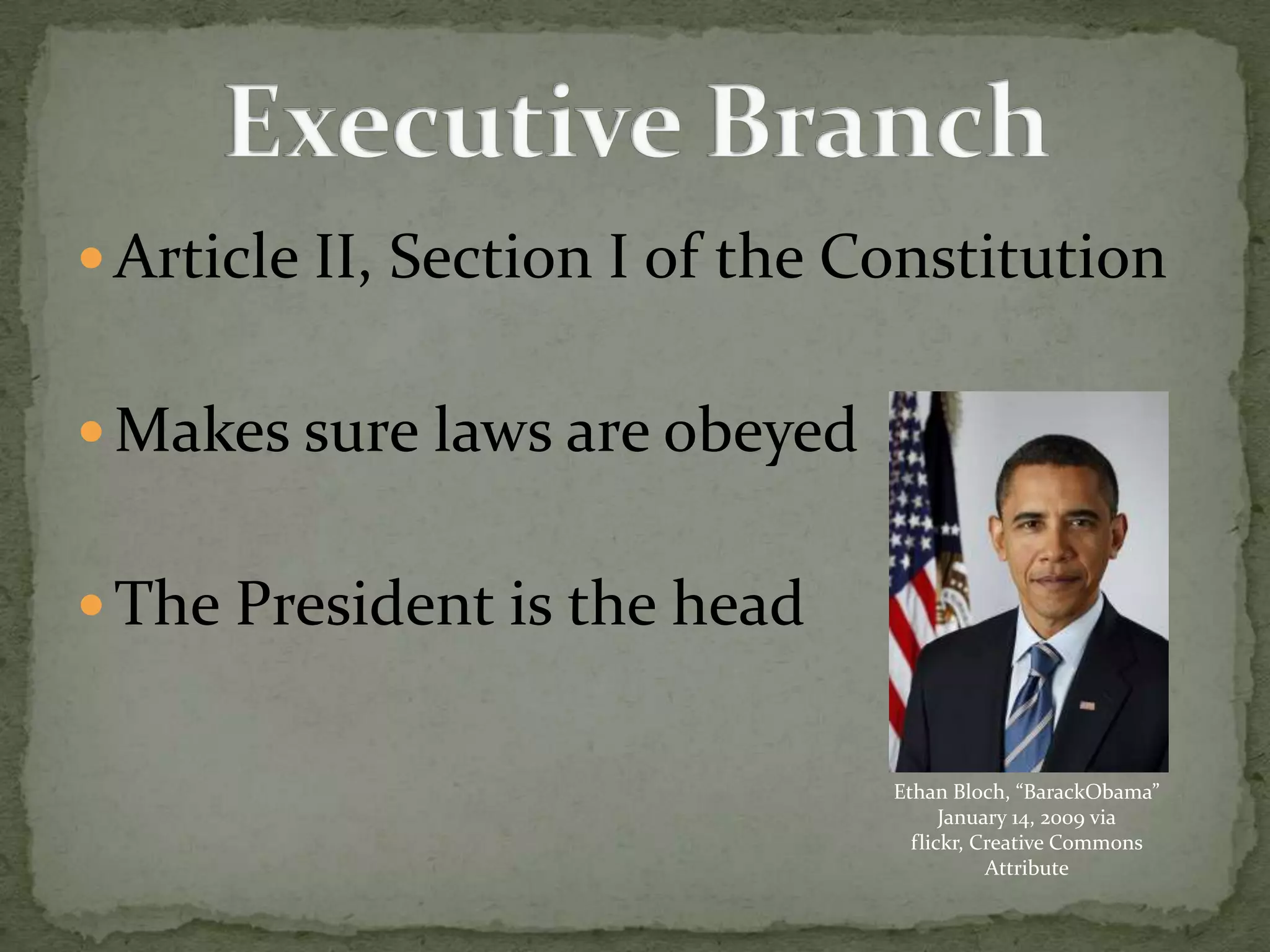 Article II, Section I of the ConstitutionMakes sure laws are obeyedThe President is the head Executive BranchEthan Bloch, “BarackObama” January 14, 2009 via flickr, Creative Commons Attribute 