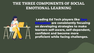 THE THREE COMPONENTS OF SOCIAL
EMOTIONAL LEARNING
Leading Ed Tech players like Jaro
Education are consistently focusing
on developing strategies to make
learners self-aware, self-dependent,
confident and become more
proficient while facing challenges.
 