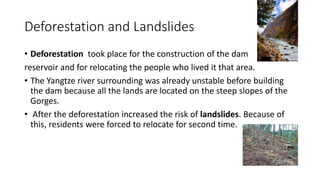 Deforestation and Landslides
• Deforestation took place for the construction of the dam
reservoir and for relocating the people who lived it that area.
• The Yangtze river surrounding was already unstable before building
the dam because all the lands are located on the steep slopes of the
Gorges.
• After the deforestation increased the risk of landslides. Because of
this, residents were forced to relocate for second time.
 