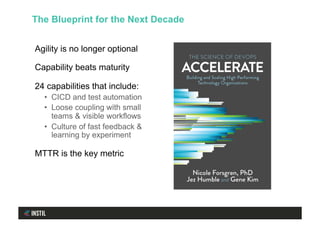 Agility is no longer optional
Capability beats maturity
24 capabilities that include:
•  CICD and test automation
•  Loose coupling with small
teams & visible workflows
•  Culture of fast feedback &
learning by experiment
MTTR is the key metric
The Blueprint for the Next Decade
 