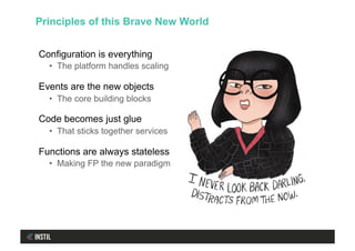 Configuration is everything
•  The platform handles scaling
Events are the new objects
•  The core building blocks
Code becomes just glue
•  That sticks together services
Functions are always stateless
•  Making FP the new paradigm
Principles of this Brave New World
 