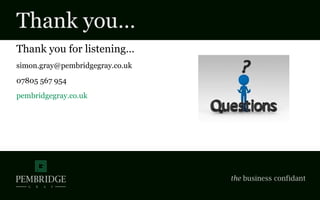 Thank you…
Thank you for listening…
simon.gray@pembridgegray.co.uk
07805 567 954
pembridgegray.co.uk
 