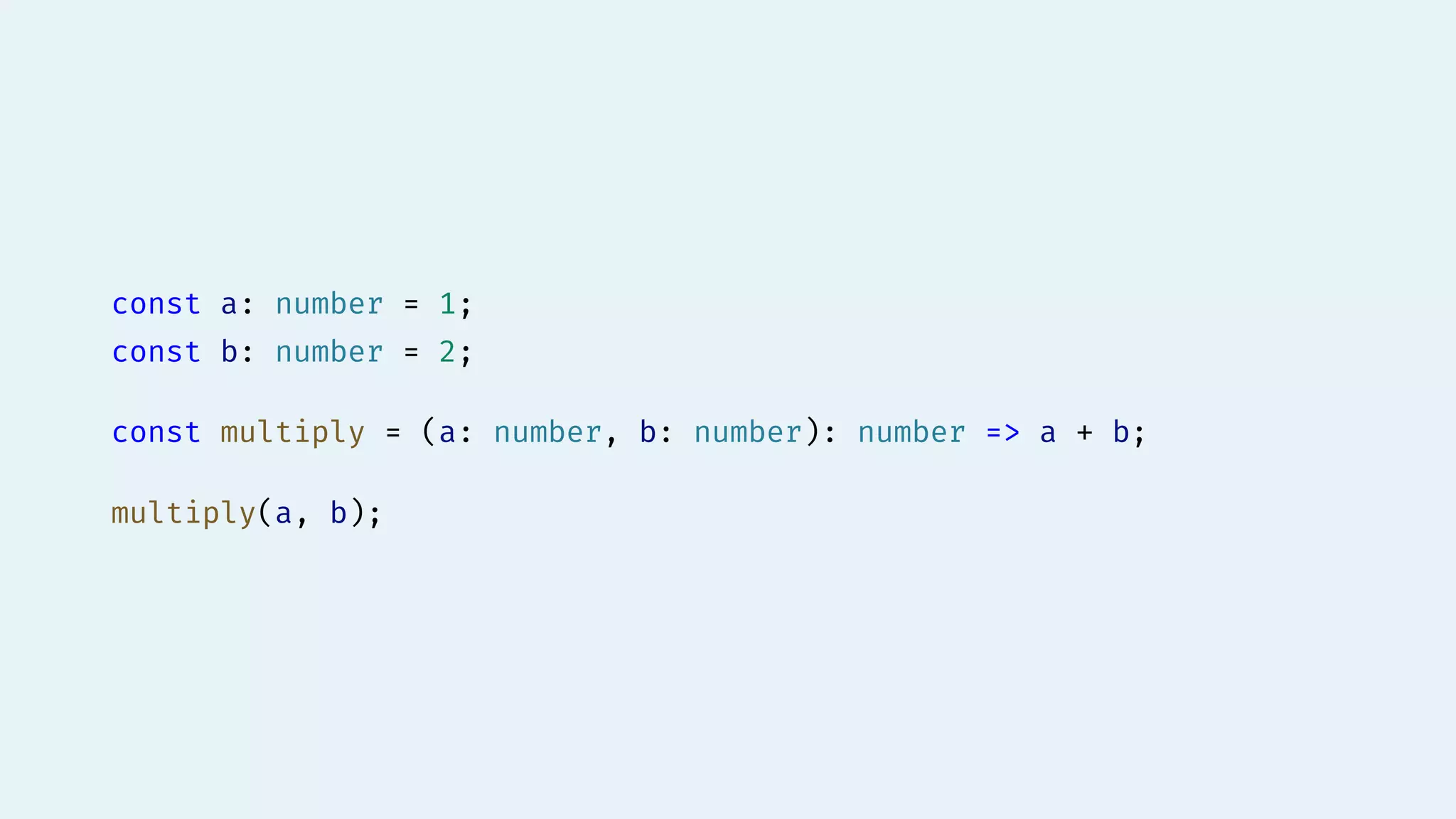 const a: number = 1;
const b: number = 2;
const multiply = (a: number, b: number): number => a + b;
multiply(a, b);
 