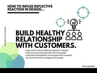 How to infuse reflective reaction in design? Build healthy
relationships with customers.
 