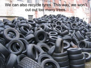 We can also recycle tyres. This way, we won’t
cut out too many trees.