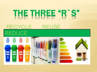 THE THREE “R`S”
RECYCLE REUSE
REDUCE
 