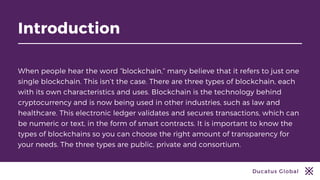 Ducatus Global
Introduction
When people hear the word “blockchain,” many believe that it refers to just one
single blockch...