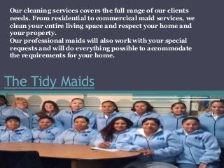The Tidy Maids
Our cleaning services covers the full range of our clients
needs. From residential to commercical maid services, we
clean your entire living space and respect your home and
your property.
Our professional maids will also work with your special
requests and will do everything possible to accommodate
the requirements for your home.
 