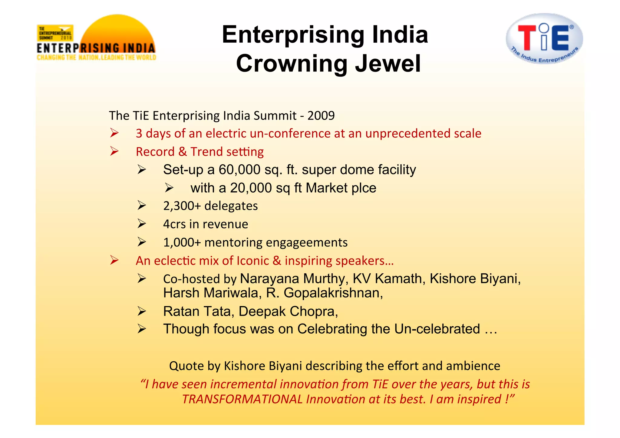 Enterprising India
                               Crowning Jewel
The	
  TiE	
  Enterprising	
  India	
  Summit	
  -­‐	
  2009	
  
  3	
  days	
  of	
  an	
  electric	
  un-­‐conference	
  at	
  an	
  unprecedented	
  scale	
  
  Record	
  &	
  Trend	
  seXng	
  
          Set-up a 60,000 sq. ft. super dome facility
                  with a 20,000 sq ft Market plce
          2,300+	
  delegates	
  	
  
          4crs	
  in	
  revenue	
  
          1,000+	
  mentoring	
  engageements	
  
  An	
  eclec6c	
  mix	
  of	
  Iconic	
  &	
  inspiring	
  speakers…	
  
          Co-­‐hosted	
  by	
  Narayana Murthy, KV Kamath, Kishore Biyani,
                Harsh Mariwala, R. Gopalakrishnan,
          Ratan Tata, Deepak Chopra,
          Though focus was on Celebrating the Un-celebrated …

                Quote	
  by	
  Kishore	
  Biyani	
  describing	
  the	
  eﬀort	
  and	
  ambience	
  
       “I	
  have	
  seen	
  incremental	
  innova1on	
  from	
  TiE	
  over	
  the	
  years,	
  but	
  this	
  is	
  
                     TRANSFORMATIONAL	
  Innova1on	
  at	
  its	
  best.	
  I	
  am	
  inspired	
  !”	
  
 