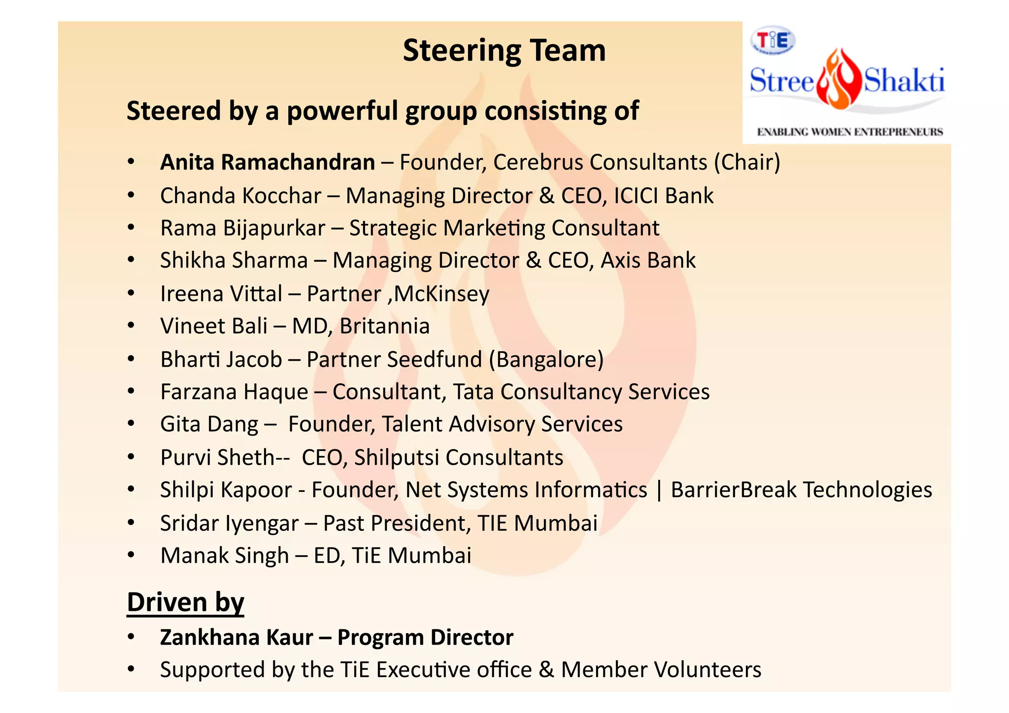 Steering	
  Team	
  
Steered	
  by	
  a	
  powerful	
  group	
  consis1ng	
  of	
  	
  
•    Anita	
  Ramachandran	
  –	
  Founder,	
  Cerebrus	
  Consultants	
  (Chair)	
  
•    Chanda	
  Kocchar	
  –	
  Managing	
  Director	
  &	
  CEO,	
  ICICI	
  Bank	
  	
  
•    Rama	
  Bijapurkar	
  –	
  Strategic	
  Marke6ng	
  Consultant	
  
•    Shikha	
  Sharma	
  –	
  Managing	
  Director	
  &	
  CEO,	
  Axis	
  Bank	
  
•    Ireena	
  Vidal	
  –	
  Partner	
  ,McKinsey	
  
•    Vineet	
  Bali	
  –	
  MD,	
  Britannia	
  
•    Bhar6	
  Jacob	
  –	
  Partner	
  Seedfund	
  (Bangalore)	
  
•    Farzana	
  Haque	
  –	
  Consultant,	
  Tata	
  Consultancy	
  Services	
  
•    Gita	
  Dang	
  –	
  	
  Founder,	
  Talent	
  Advisory	
  Services	
  	
  	
  
•    Purvi	
  Sheth-­‐-­‐	
  	
  CEO,	
  Shilputsi	
  Consultants	
  
•    Shilpi	
  Kapoor	
  -­‐	
  Founder,	
  Net	
  Systems	
  Informa6cs	
  |	
  BarrierBreak	
  Technologies	
  
•    Sridar	
  Iyengar	
  –	
  Past	
  President,	
  TIE	
  Mumbai	
  
•    Manak	
  Singh	
  –	
  ED,	
  TiE	
  Mumbai	
  
Driven	
  by	
  
•  Zankhana	
  Kaur	
  –	
  Program	
  Director	
  
•  Supported	
  by	
  the	
  TiE	
  Execu6ve	
  oﬃce	
  &	
  Member	
  Volunteers	
  
 