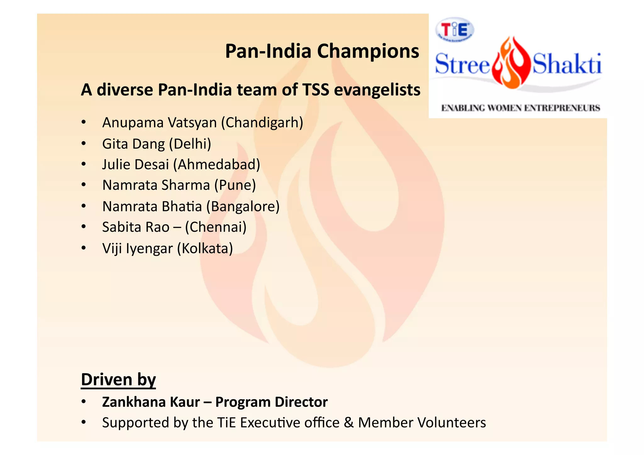 Pan-­‐India	
  Champions	
  
A	
  diverse	
  Pan-­‐India	
  team	
  of	
  TSS	
  evangelists	
  
•    Anupama	
  Vatsyan	
  (Chandigarh)	
  
•    Gita	
  Dang	
  (Delhi)	
  
•    Julie	
  Desai	
  (Ahmedabad)	
  
•    Namrata	
  Sharma	
  (Pune)	
  
•    Namrata	
  Bha6a	
  (Bangalore)	
  	
  
•    Sabita	
  Rao	
  –	
  (Chennai)	
  
•    Viji	
  Iyengar	
  (Kolkata)	
  




Driven	
  by	
  
•  Zankhana	
  Kaur	
  –	
  Program	
  Director	
  
•  Supported	
  by	
  the	
  TiE	
  Execu6ve	
  oﬃce	
  &	
  Member	
  Volunteers	
  
 