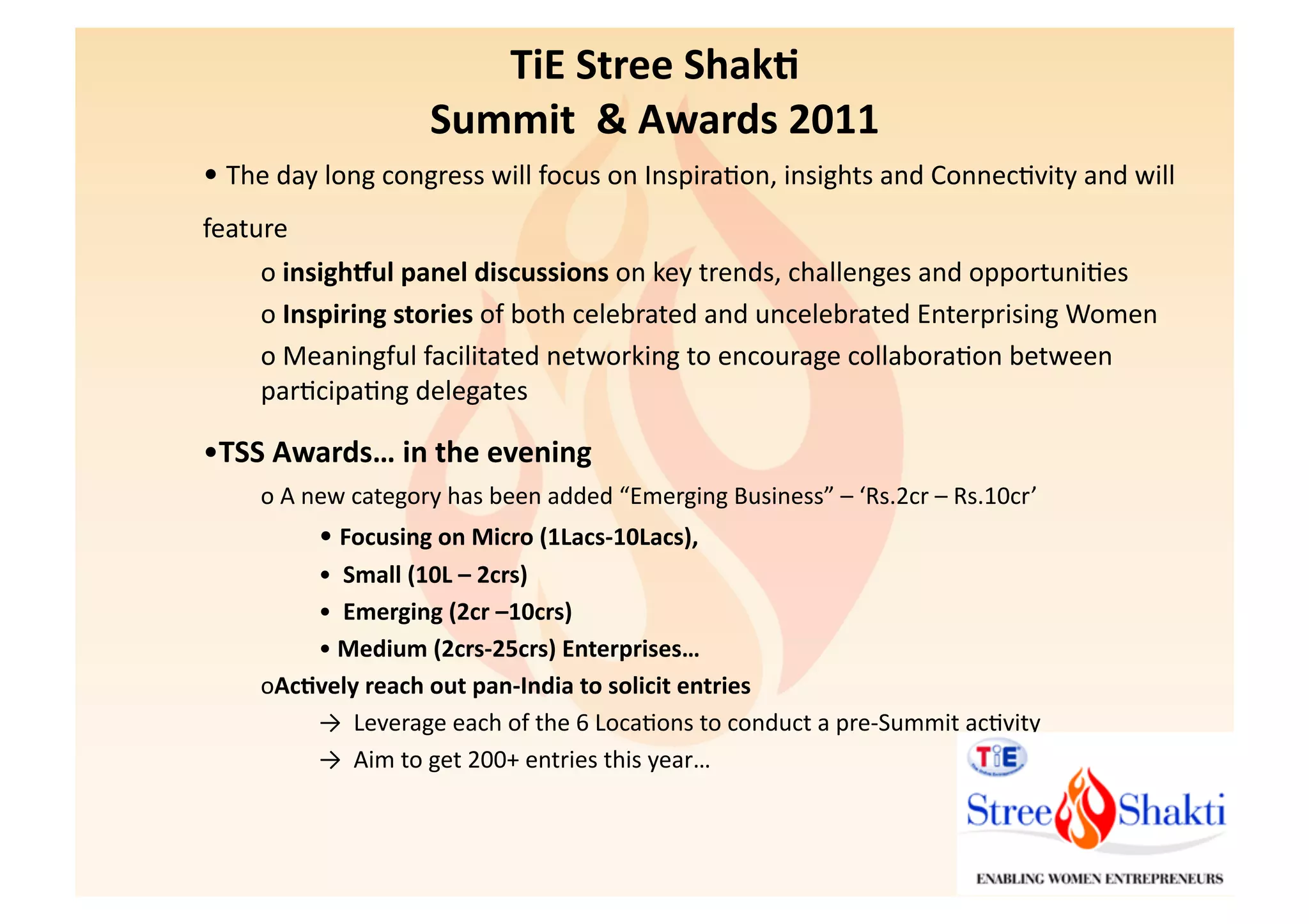 TiE	
  Stree	
  Shak1	
  	
  
                                  Summit	
  	
  &	
  Awards	
  2011	
  
• 	
  The	
  day	
  long	
  congress	
  will	
  focus	
  on	
  Inspira6on,	
  insights	
  and	
  Connec6vity	
  and	
  will	
  
feature	
  	
  
        o 	
  insigh^ul	
  panel	
  discussions	
  on	
  key	
  trends,	
  challenges	
  and	
  opportuni6es	
  	
  
        o 	
  Inspiring	
  stories	
  of	
  both	
  celebrated	
  and	
  uncelebrated	
  Enterprising	
  Women	
  
        o 	
  Meaningful	
  facilitated	
  networking	
  to	
  encourage	
  collabora6on	
  between	
  
        par6cipa6ng	
  delegates	
  

• TSS	
  Awards…	
  in	
  the	
  evening	
  
        o 	
  A	
  new	
  category	
  has	
  been	
  added	
  “Emerging	
  Business”	
  –	
  ‘Rs.2cr	
  –	
  Rs.10cr’	
  
                  • 	
  Focusing	
  on	
  Micro	
  (1Lacs-­‐10Lacs),	
  	
  
             • 	
  	
  Small	
  (10L	
  –	
  2crs)	
  	
  
             • 	
  	
  Emerging	
  (2cr	
  –10crs)	
  
             • 	
  Medium	
  (2crs-­‐25crs)	
  Enterprises…	
  
        o Ac1vely	
  reach	
  out	
  pan-­‐India	
  to	
  solicit	
  entries	
  	
  
             → 	
  	
  Leverage	
  each	
  of	
  the	
  6	
  Loca6ons	
  to	
  conduct	
  a	
  pre-­‐Summit	
  ac6vity	
  
             → 	
  	
  Aim	
  to	
  get	
  200+	
  entries	
  this	
  year…	
  
 