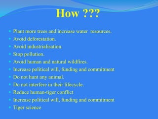 How ???
 Plant more trees and increase water resources.
 Avoid deforestation.
 Avoid industrialisation.

 Stop pollution.
 Avoid human and natural wildfires.
 Increase political will, funding and commitment
 Do not hunt any animal.
 Do not interfere in their lifecycle.
 Reduce human-tiger conflict
 Increase political will, funding and commitment

 Tiger science

 
