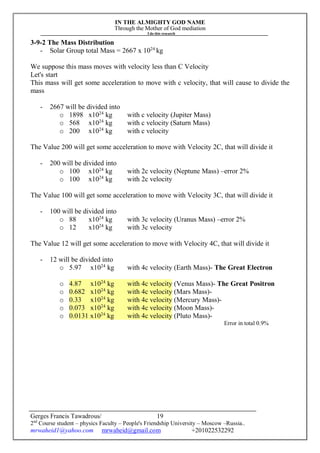 IN THE ALMIGHTY GOD NAME
Through the Mother of God mediation
I do this research
Gerges Francis Tawadrous/
2nd
Course student – physics Faculty – People's Friendship University – Moscow –Russia..
mrwaheid1@yahoo.com mrwaheid@gmail.com +201022532292
19
3-9-2 The Mass Distribution
- Solar Group total Mass = 2667 x 1024
kg
We suppose this mass moves with velocity less than C Velocity
Let's start
This mass will get some acceleration to move with c velocity, that will cause to divide the
mass
- 2667 will be divided into
o 1898 x1024
kg with c velocity (Jupiter Mass)
o 568 x1024
kg with c velocity (Saturn Mass)
o 200 x1024
kg with c velocity
The Value 200 will get some acceleration to move with Velocity 2C, that will divide it
- 200 will be divided into
o 100 x1024
kg with 2c velocity (Neptune Mass) –error 2%
o 100 x1024
kg with 2c velocity
The Value 100 will get some acceleration to move with Velocity 3C, that will divide it
- 100 will be divided into
o 88 x1024
kg with 3c velocity (Uranus Mass) –error 2%
o 12 x1024
kg with 3c velocity
The Value 12 will get some acceleration to move with Velocity 4C, that will divide it
- 12 will be divided into
o 5.97 x1024
kg with 4c velocity (Earth Mass)- The Great Electron
o 4.87 x1024
kg with 4c velocity (Venus Mass)- The Great Positron
o 0.682 x1024
kg with 4c velocity (Mars Mass)-
o 0.33 x1024
kg with 4c velocity (Mercury Mass)-
o 0.073 x1024
kg with 4c velocity (Moon Mass)-
o 0.0131 x1024
kg with 4c velocity (Pluto Mass)-
Error in total 0.9%
 