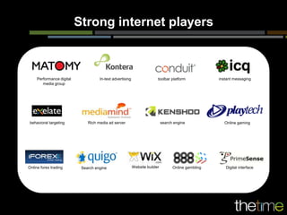 Strong internet players



     Performance digital             In-text advertising                 toolbar platform            instant messaging
        media group




behavioral targeting           Rich media ad server                          search engine              Online gaming




Online forex trading        Search engine                  Website builder         Online gambling      Digital interface
 