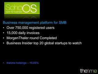 Business management platform for SMB
• Over 750,000 registered users
• 15,000 daily invoices
• MorgenThaler round Completed
• Business Insider top 20 global startups to watch




• thetime holdings – 15.05%
 