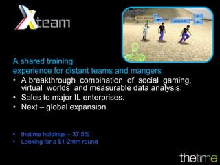 A shared training
experience for distant teams and mangers
• A breakthrough combination of social gaming,
  virtual worlds and measurable data analysis.
• Sales to major IL enterprises.
• Next – global expansion


• thetime holdings – 37.5%
• Looking for a $1-2mm round
 
