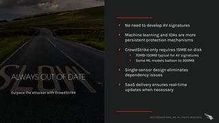 2017 CROWDSTRIKE, INC. ALL RIGHTS RESERVED.
ALWAYS OUT OF DATE
Outpace the attacker with CrowdStrike
§ No need to develop AV signatures
§ Machine learning and IOAs are more
persistent protection mechanisms
§ CrowdStrike only requires 15MB on disk
§ 70MB-150MB typical for AV signatures
§ Some ML models balloon to 300MB
§ Single-sensor design eliminates
dependency issues
§ SaaS delivery ensures real-time
updates when necessary
 
