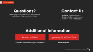 2017 CROWDSTRIKE, INC. ALL RIGHTS RESERVED.
Questions?
Please submit all questions in the Q&A chat
right below the presentation slides
Contact Us
Additional Information
Request	1:1	Demo
crowdstrike.com/request-a-demo
Upcoming	CrowdCast Topic
Ransomware
Website: crowdstrike.com
Email: info@crowdstrike.com
Number: 1.888.512.8902 (US)
 