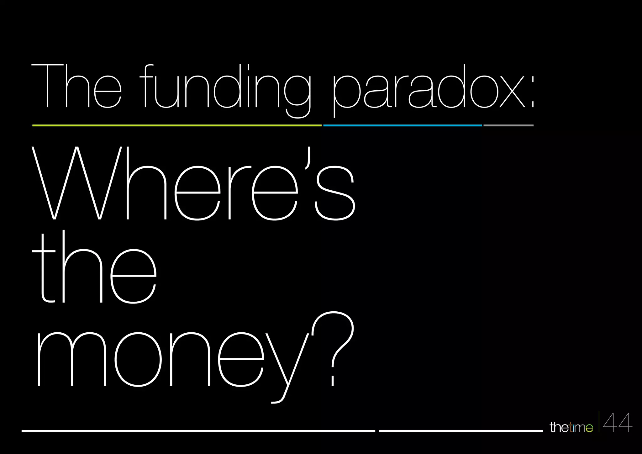 44 
The funding paradox: 
Where’s 
the 
money? 
 