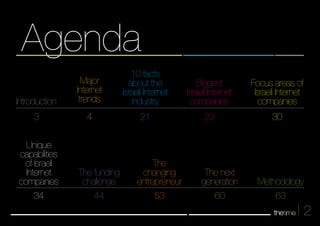 2 
Agenda 
10 facts 
about the 
Israeli Internet 
industry 
21 
The 
changing 
entrepreneur 
53 
Focus areas of 
Israeli Internet 
companies 
30 
Methodology 
63 
Biggest 
Israeli Internet 
companies 
23 
The next 
generation 
60 
Major 
Internet 
trends 
4 
The funding 
challenge 
44 
Introduction 
3 
Unique 
capabilities 
of Israeli 
Internet 
companies 
34 
 