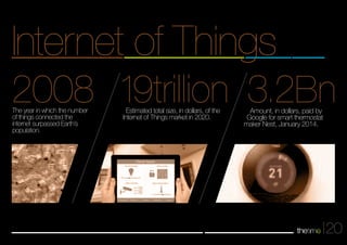 Internet of Things 
2008 19trillion 3.2Bn Amount, in dollars, paid by 
20 
Google for smart thermostat 
maker Nest, January 2014. 
Estimated total size, in dollars, of the 
Internet of Things market in 2020. 
The year in which the number 
of things connected the 
internet surpassed Earth’s 
population. 
 