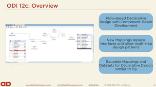 www.RedPillAnalytics.com info@RedPillAnalytics.com @RedPillA © 2014 RED PILL Analytics
ODI 12c: Overview
14
Flow-Based Declarative
Design with Component-Based
Development
New Mappings replace
interfaces and allow multi-step
design patterns
Reusable Mappings and
Datasets for Declarative Design
similar to 11g
 