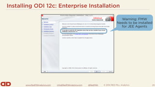 www.RedPillAnalytics.com info@RedPillAnalytics.com @RedPillA © 2014 RED PILL Analytics
Installing ODI 12c: Enterprise Installation
20
Warning: FMW
Needs to be installed
for JEE Agents
 