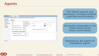 www.RedPillAnalytics.com info@RedPillAnalytics.com @RedPillA © 2014 RED PILL Analytics
Agents
25
ODI Agents execute load
processes, including compiled
Load Plans and Scenarios
Somewhat comparable to the
OWB Control Center
(much, much better)
Deployed as JEE Agents or
Standalone Agents
 