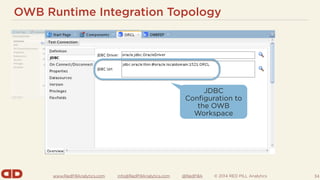 www.RedPillAnalytics.com info@RedPillAnalytics.com @RedPillA © 2014 RED PILL Analytics
OWB Runtime Integration Topology
34
JDBC
Configuration to
the OWB
Workspace
 