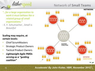 9
“…for a large organization to
work it must behave like a
related group of small
organizations.”
- E. F. Schumacher , Small is
Beautiful
Scaling may require, at
certain levels:
• Chief ScrumMasters
• Strategic Product Owners
• Tactical Product Owners
• Lightweight Agile PMOs
serving as a “guiding
coalition”
Network of Small Teams
Accelerate! By John Kotter, HBR, November 2012
 