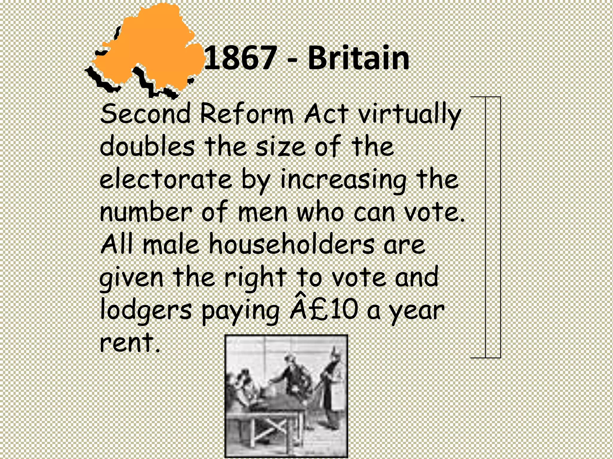 1867 - Britain
Second Reform Act virtually
doubles the size of the
electorate by increasing the
number of men who can vote.
All male householders are
given the right to vote and
lodgers paying Â£10 a year
rent.
 