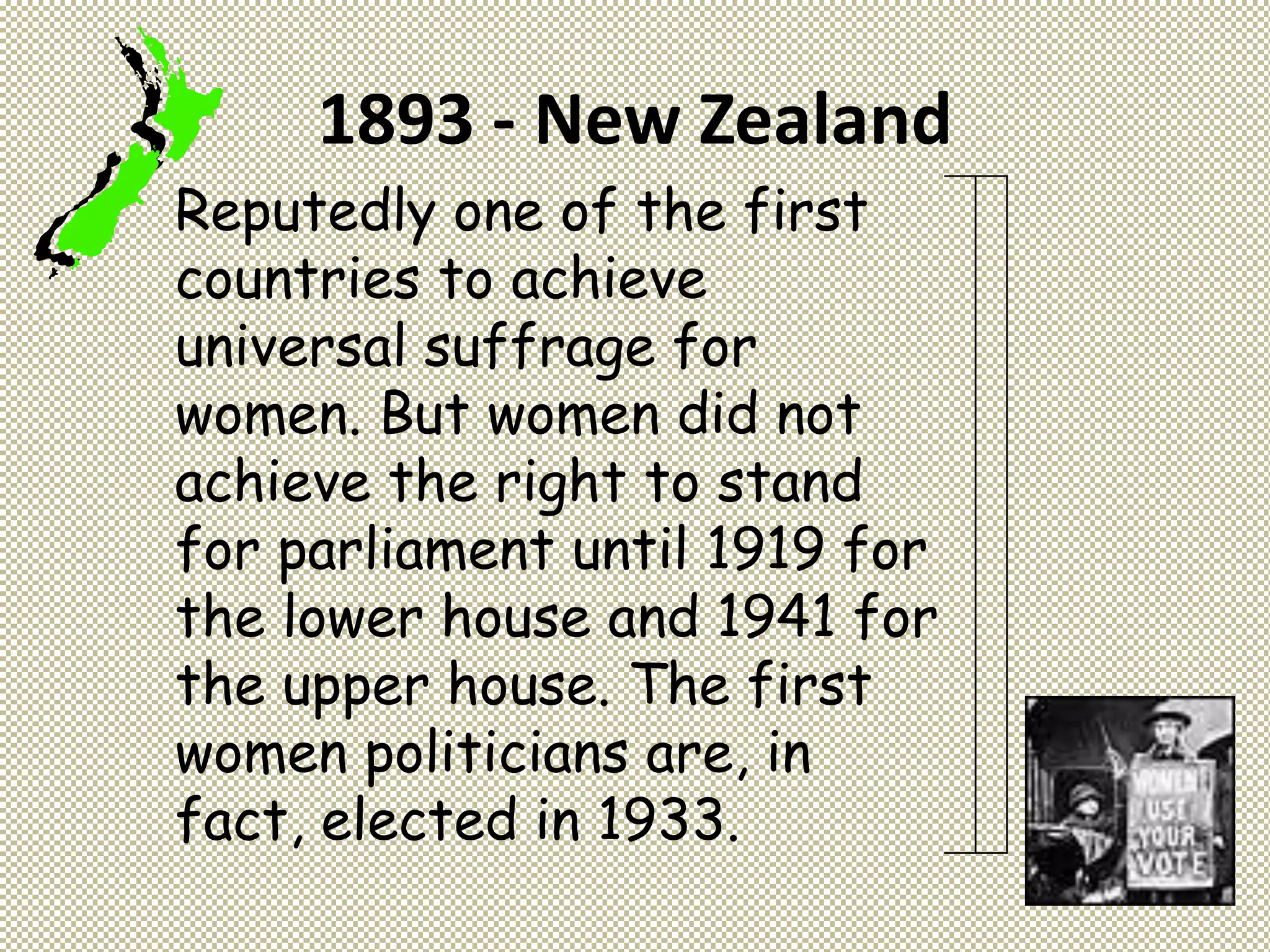 1893 - New Zealand
Reputedly one of the first
countries to achieve
universal suffrage for
women. But women did not
achieve the right to stand
for parliament until 1919 for
the lower house and 1941 for
the upper house. The first
women politicians are, in
fact, elected in 1933.
 