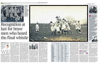 76                                                                                                                                                                              Thursday November 8 2012 | the times

Sport Special report                                                                                                                                                                                                                                                                                                                                                                              Special report
                                                                                                                                                                                                                                                                                                                                                                              AGENCE ROL / BNF GALLICA
                                                                                                              Friendly rivals:
                                                                                                              Harrison, top left                                                                                                                                                                                                                                                                          harrison’s vc citation
                                                                                                              in the back row
                                                                                                              of the 1913-14
                                                                                                              Rosslyn Park
                                                                                                              team
                                                                                                              photograph,
                                                                                                              and De Beyssac,
                                                                                                              played together
                                                                                                              for their club but
                                                                                                              were opponents
                                                                                                              when France and
                                                                                                              England met at
                                                                                                              the Stade de
                                                                                                              Colombes in
                                                                                                              April 1914, right.                                                                                                                                                                                                                                                                          Harrison, second from right, was
                                                                                                              Both died in the                                                                                                                                                                                                                                                                            killed leading his men into battle
                                                                                                              First World War
                                                                                                              and are now                                                                                                                                                                                                                                                                                          “For most conspicuous
                                                                                                              remembered in                                                                                                                                                                                                                                                                                        gallantry at Zeebrugge on
                                                                                                              Cooper’s book                                                                                                                                                                                                                                                                                        the night of the 22nd-23rd
                                                                                                                                                                                                                                                                                                                                                                                                                   April, 1918. This officer
                                                                                                                                                                                                                                                                                                                                                                                                                   was in immediate
                                                                                                                                                                                                                                                                                                                                                                                                                   command of the Naval
                                                                                                                                                                                                                                                                                                                                                                                                                   Storming Parties
                                                                                                                                                                                                                                                                                                                                                                                                          embarked in ‘Vindictive’.
                                                                                                                                                                                                                                                                                                                                                                                                          Immediately before coming
                                                                                                                                                                                                                                                                                                                                                                                                          alongside the Mole,
                                                                                                                                                                                                                                                                                                                                                                                                          Lieutenant-Commander Harrison
                                                                                                                                                                                                                                                                                                                                                                                                          was struck on the head by a




Recognition at
                                                                                                                                                                                                                                                                                                                                                                                                          fragment of a shell which broke
                                                                                                                                                                                                                                                                                                                                                                                                          his jaw and knocked him
                                                                                                                                                                                                                                                                                                                                                                                                          senseless. Recovering
                                                                                                                                                                                                                                                                                                                                                                                                          consciousness he proceeded on to
                                                                                                                                                                                                                                                                                                                                                                                                          the Mole and took over command
                                                                                                                                                                                                                                                                                                                                                                                                          of his party, who were attacking
                                                                                                                                                                                                                                                                                                                                                                                                          the seaward end of the Mole. The
                                                                                                                                                                                                                                                                                                                                                                                                          silencing of the guns on the Mole




last for brave
                                                                                                                                                                                                                                                                                                                                                                                                          head was of the first importance,
                                                                                                                                                                                                                                                                                                                                                                                                          and though in a position fully
                                                                                                                                                                                                                                                                                                                                                                                                          exposed to the enemy’s
                                                                                                                                                                                                                                                                                                                                                                                                          machine-gun fire
                                                                                                                                                                                                                                                                                                                                                                                                          Lieutenant-Commander Harrison
                                                                                                                                                                                                                                                                                                                                                                                                          gathered his men together and led
                                                                                                                                                                                                                                                                                                                                                                                                          them to the attack. He was killed
                                                                                                                                                                                                                                                                                                                                                                                                          at the head of his men, all of




men who heard
                                                                                                                                                                                                                                                                                                                                                                                                          whom were either killed or
                                                                                                                                                                                                                                                                                                                                                                                                          wounded.
                                                                                                                                                                                                                                                                                                                                                                                                          Lieutenant-Commander
                                                                                                                                                                                                                                                                                                                                                                                                          Harrison, though already severely
                                                                                                                                                                                                                                                                                                                                                                                                          wounded and undoubtedly in
                                                                                                                                                                                                                                                                                                                                                                                                          great pain, displayed indomitable
                                                                                                                                                                                                                                                                                                                                                                                                          resolution and courage of the
                                                                                                                                                                                                                                                                                                                                                                                                          highest order in pressing his




the final whistle
                                                                                                                                                                                                                                                                                                                                                                                                          attack, knowing as he did that any
                                                                                                                                                                                                                                                                                                                                                                                                          delay in silencing the
                                                                                                                                                                                                                                                                                                                                                                                                          guns might
                                                                                                                                                                                                                                                                                                                                                                                                          jeopardise the
                                                                                                                                                                                                                                                                                                                                                                                                          main object of
                                                                                                                                                                                                                                                                                                                                                                                                          the expedition, i.e.,
                                                                                                                                                                                                                                                                                                                                                                                                          the blocking of the
                                                                                                                                                                                                                                                                                                                                                                                                          Zeebrugge-
                                                                                                                                                                                                                                                                                                                                                                                                          Bruges
                                                                                                                                                                                                                                                                                                                                                                                                          Canal.”



Mark Souster meets an                       and a former head of youth rugby at
                                            the club, as strange. So he set out on a
                                                                                         theatre of war and each corner of the
                                                                                         Empire.
                                                                                                                                                                                  Ireland on Valentine’s Day in 1914,
                                                                                                                                                                                  when, according to a report in The
                                                                                                                                                                                                                             england rugby roll of honour                                             the jetty to charge the gun emplace-
                                                                                                                                                                                                                                                                                                      ments. Harrison, who had been hit in
                                                                                                                                                                                                                                                                                                                                                  its brutality. He was reputed to be the
                                                                                                                                                                                                                                                                                                                                                  most complete French forward of the
                                                                                                                                                                                                                                                                                                                                                                                                         said. “The close association between
                                                                                                                                                                                                                                                                                                                                                                                                         France and Britain as allies strength-
author whose mission                        two-year odyssey to discover the
                                            stories — both in a sporting and
                                                                                            “The catalyst was discovering there
                                                                                         was no First World War memorial at
                                                                                                                                                                                  Times, “he stiffened the English scrum-
                                                                                                                                                                                  mage”, the second in Paris. More perti-
                                                                                                                                                                                                                                                  Caps   Years     Date of         Place of           the jaw, rounded up several of his men
                                                                                                                                                                                                                                                                                                      and, at their head, charged along the
                                                                                                                                                                                                                                                                                                                                                  prewar era, described as a “a skilful drib-
                                                                                                                                                                                                                                                                                                                                                  bler, a good lineout technician and a
                                                                                                                                                                                                                                                                                                                                                                                                         ened the relationship between us and
                                                                                                                                                                                                                                                                                                                                                                                                         the home unions. French rugby got
                                                                                                                                                                                                                                                  won
to honour one
                                                                                                                                                                                                                                                         played    death           death
                                            military context — that lay behind the       the club,” Cooper told The Times yes-                                                    nently he remains the only England                                                                                  parapet only to be cut down by a            sound scrummager”.                                     structured.”
                                            faces in the team photographs that           terday. “There is to the Second, with                                                    rugby international to have been           H Alexander           7     1900-02   kia 17/10/15    Hulluch            machinegun. Despite attempts to res-           During his wartime service he went                     As a direct result of Cooper’s work,
club’s war                                  adorn the clubhouse walls. He did not        names such as [Prince] Obolensky.                                                        awarded the Victoria Cross.                H Berry               4     1910      kia 9/5/15      Festubert          cue his body, he was never seen again.      from the Transport Corps to tanks. In                  an individual has approached the
dead has led                                set out to write a book, but that has
                                            been the welcome result.
                                                                                         This was clearly an oversight.”
                                                                                            The theory is that one did exist but
                                                                                                                                                                                     The course of his life changed when
                                                                                                                                                                                  he answered a call for volunteers for a
                                                                                                                                                                                                                             A J Dingle
                                                                                                                                                                                                                             L Haigh
                                                                                                                                                                                                                                                   3
                                                                                                                                                                                                                                                   7
                                                                                                                                                                                                                                                         1913-14
                                                                                                                                                                                                                                                         1910-11
                                                                                                                                                                                                                                                                   kia 22/8/15
                                                                                                                                                                                                                                                                   died 6/8/16
                                                                                                                                                                                                                                                                                   Gallipoli
                                                                                                                                                                                                                                                                                   Woolwich
                                                                                                                                                                                                                                                                                                         Captain Carpenter, the commander
                                                                                                                                                                                                                                                                                                      of the cruiser, HMS Vindictive, wrote in
                                                                                                                                                                                                                                                                                                                                                  1918 he had been mentioned in dis-
                                                                                                                                                                                                                                                                                                                                                  patches and was photographed before
                                                                                                                                                                                                                                                                                                                                                                                                         Rosslyn Park committee to provide a
                                                                                                                                                                                                                                                                                                                                                                                                         memorial.
to a fitting                                   His intention was merely to collate
                                            on a website the fruits of his extensive
                                                                                         was somehow lost when the club,
                                                                                         formed in 1879, moved from Old Deer
                                                                                                                                                                                  “show” that specified all who did must
                                                                                                                                                                                  be single and athletic.
                                                                                                                                                                                                                             R H M Hands           2     1910      died 20/4/18    France             1921: “Harrison’s charge down the
                                                                                                                                                                                                                                                                                                      narrow gangway of death was a worthy
                                                                                                                                                                                                                                                                                                                                                  taking part in a wartime match be-
                                                                                                                                                                                                                                                                                                                                                  tween a French military XV and a com-
                                                                                                                                                                                                                                                                                                                                                                                                            “Rosslyn Park has such a great
                                                                                                                                                                                                                                                                                                                                                                                                         history but we do not have a memorial
tribute                                     research, a project made easier by the       Park to Roehampton in 1956. Cooper                                                          The 1,000-plus volunteers called        A L Harrison          2     1914      kia 23/4/18     Zeebrugge          finale to the large number of charges,      bined Anzac XV. In June he was part of                 of any public record of those who died,”




W                                                                                                                                                                                                                                                                                                                                                 “
                                            detailed records kept by the                 became an historical detective, follow-                                                  themselves, in typically morbid            H A Hodges            2     1906      kia 24/3/18     Nr Mons            which, as a forward of the first rank, he   a tank-led counter-attack at Méry, in                  Chris Ritchie, the chairman, said. “The
                                            Commonwealth War Graves Commis-              ing up clues, cross-referencing leads,                                                   humour, the “Suicide Club” or the          R E Inglis            3     1886      kia 18/9/16     Ginschy            had led down many a rugby football                                                                 book is important in helping us to ap-
                          hen the nation
                          stops to re-
                                            sion. The overwhelming reaction to it
                                            changed his mind. Memories were
                                                                                         collating a mountain of information. In
                                                                                         the end 15 stories selected themselves,
                                                                                                                                   played five times for his country.
                                                                                                                                   Besides being members of the club,
                                                                                                                                                                                  “Death or Glory Boys”. Their mission
                                                                                                                                                                                  was an assault on Zeebrugge to counter
                                                                                                                                                                                                                             P D Kendall           3     1901-03   kia 25/1/15     Ypres              ground. He played the game to the
                                                                                                                                                                                                                                                                                                      end.” The final toll was 188 killed, 384
                                                                                                                                                                                                                                                                                                                                                         The catalyst was                                preciate and highlight what these guys
                                                                                                                                                                                                                                                                                                                                                                                                         did. Looking at the photographs on the
                                                                                                                                                                                                                             J A King              12    1911-13   kia 9/8/16      Guillemont
                          member       at   stirred, family members got in touch,        recounting not just tales of rugby and    they played against each other in the          the threat posed by German U-boats in      R O Lagden            1     1911      kia 1/3/15      St Eloi            wounded and 16 missing. The raid                   finding there                                   wall you can feel part of it. It adds to




                                                                                                                                                                                                                                                                                                                                                                                 ”
                          11am        on    photographs, diaries, letters and            Rosslyn Park but also of interconnect-    last international before the Great            their pens in Bruges; the plan was to                                                                               succeeded in as much as two ships were                                                             our understanding of history and the
                          Sunday, the       priceless snippets of information were       ing lives. “It makes you realise how      War, when the countries met at Stade           lock the entrance by scuttling ships
                                                                                                                                                                                                                             D Lambert             7     1907-11   kia 13/10/15    Loos
                                                                                                                                                                                                                                                                                                      successfully scuttled. It was a propagan-   was no First World War                                 sacrifices those young men made.
                                                                                                                                                                                                                             G E B Dobbs           2     1906      died 17/6/17    Poperinghe
                          thoughts of
                          the Rosslyn
                                            provided. It became his own personal
                                            mission. In turn he has discovered 85
                                                                                         these men were part of a relatively
                                                                                         small group connected partly by educa-
                                                                                                                                   de Colombes, near Paris, in April 1914.
                                                                                                                                   England won 39-13 and took the grand
                                                                                                                                                                                  laden with concrete. To succeed meant
                                                                                                                                                                                  first taking a two-mile long and heavily   A F Maynard           3     1914      kia 13/11/16    Beaumont Hamel
                                                                                                                                                                                                                                                                                                      da triumph more than a strategic one,
                                                                                                                                                                                                                                                                                                      though Winston Churchill described it
                                                                                                                                                                                                                                                                                                                                                  memorial at                                               “It helps our younger generation to
                                                                                                                                                                                                                                                                                                                                                                                                         appreciate what this club stands for
Park club, one of the oldest in England,    names of those who died, 13 more than        tion, partly by rugby, partly by their    slam. They were opponents on that day          fortified jetty. To provide cover Wing     E R Mobbs             7     1909-10   kia 29/7/17     Zillebeke          as an “episode unsurpassed in the           Rosslyn Park                                           and its past. We are trying to re-
will turn to the members lost in the two    the official initial estimate. All but two   place in society,” Cooper said.           but only a few years later were to die in      Commander Frank Brock, scion of the        W M B Nanson          2     1907      kia 4/6/15      El Krithia         history of the Royal Navy”.                                                                        establish through a new generation
world wars, in particular those from the    were officers.                                  The chapters chronicle the lives of    a common cause. In all 11 of the 30            eponymous fireworks family, was            F E Oakeley           4     1913-14   kia ?/11/14     At Sea                A photograph exists of Harrison and      France, when his primitive Schneider                   that it is not about money, it is about
1914-18 conflict.                              The Final Whistle: the Great War in       some men who died heroically and          players never returned, six Englishmen         asked to create a smokescreen. How-        R L Pillman           1     1914      died 9/7/16     Armentières        De Beyssac at a lineout. Harrison           vehicle took three direct hits to its left             the club meaning something to them
  Seventy-two of them were killed in        Fifteen Players is his fitting tribute not   were decorated; others who were killed    and five Frenchmen.                            ever, as the Allied force approached, a    R W Poulton-Palmer    17    1909-14   kia 5/5/15      Ploegsteert Wood   stands at the back while the French-        flank, which had no escape hatch. For                  and breeding loyalty again.”
the First World War, including some of      simply to 15 individuals cut down in         simply doing their duty. They include        In any company Harrison would               gust of wind cleared the smoke,                                                                                     man’s face is partly covered by the out-    the crew who had to lie flat on their
the finest players of their generation.     their prime, but a paean to all those        those about Guy du Maurier, a play-       stand out, not least by his sheer size and     exposing them to withering gunfire         J E Raphael           9     1902-06   died 11/6/17    Rémy               stretched arm of a team-mate compet-        bellies in less than a metre of space, the             6 The Final Whistle: the Great War in
That bare, cold statistic is contained in   who died in the First World War. As          wright and the uncle of Daphne, the       his lantern-jawed profile. A career            and bombardment.                           R O Schwarz           3     1899-01   died 18/11/18   France             ing for the ball. De Beyssac, who was       tank earned its sobriquet as a mobile                  Fifteen Players is published by Spell-
a yellowing press report from the           Fergal Keane, the Irish writer and           novelist; John Bodenham, a perfumer,      naval officer who was renowned for his            One senior officer, Engineer            L A N Slocock         8     1907-08   kia 9/8/16      Guillemont         descended from one of Napoleon’s gen-       crematorium. De Beyssac was rescued                    mount, priced £14.99, and is also avail-
Richmond and Twickenham Times of            broadcaster, says, the book is not just      and of a poet, Noel Oxland.               fitness, He committed himself to the           Commander William Bury, described          F N Tarr              4     1909-13   kia 18/7/15     Ypres              erals, came to Rosslyn Park in 1910. A      but died of his wounds on June 13. The                 able through The Times Bookshop at
the club’s annual general meeting of        the story of men from one club but a            Two focus on Arthur Harrison, a        Senior Service and to rugby with zeal.         the scene as a “bloody massacre”. He       A F Todd              2     1900      died 20/4/15    Ypres              philosophy student who embraced the         whereabouts of his grave is not known.                 www.thetimes.co.uk/bookshop.        The
1919. No names are listed, no memorial      “universal narrative of heroism and          Royal Navy hero who won two               He was described as “strong and tire-          referred to the length of time that        J H D Watson          3     1914      kia 15/10/14    At Sea             British sense of fair play, he had played      Frédéric Humbert, a leading rugby                   author’s royalties are being donated to
exists and nowhere is there recognition     loss”. Their individual portraits act as a   England caps, and Jean-Jacques            less”, with his game of the “sturdy, bus-      “several lived who had had large pieces    C E Wilson            1     1898      kia 17/9/14     River Aisne        lock and prop for Stade Bordelais, who      historian, said De Beyssac epitomised                  two charities, the Rosslyn Park Injured
of their exploits. It was an omission       lens on the war itself, covering as they     Conilh de Beyssac, a France second-       tling type”. His accolades did not stop        of their heads blown away”. The men                                                                                 had won the 1911 French champion-           the best qualities of French forward                   Trust Fund and Prostate Cancer UK in
that struck Stephen Cooper, an author       do each branch of the services, each         row forward and tank commander who        at winning two caps, the first against         struggled desperately to climb up on to    A J Wilson            1     1909      kia 1/7/17      Flanders           ship, then a tournament renowned for        play. “He was very tall and athletic,” he              memory of the late Andy Ripley.
 