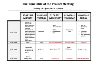 The Timetable of the Project Meeting
                                       30 May – 03 June 2011, Isparta


                30.05.2011                   31.05.2011 01.06.2011                      02.06.2011             03.06.2011
                 MONDAY                       TUESDAY WEDNESDAY                         THURSDAY                 FRIDAY
                -    Opening the
                     Project with a
                     speech of Director                             08:00                                       -   Visit to
                     of the National                          -     Rose Fields Visit                               Governor’s
                     Education                                                                                      Office
                -    Presentation of                                10:30                Dungeon Cave
                     Isparta, short films     Conference      -     Prımary School           Visit              -   Certificate
10:00 – 12:30
                     of project activities                          Visit                                           Ceremony
                -    Website feedbacks                                                                          -   Visit to a nursery
                -    Review of the                                                                                  school
                     project fulfilments
                     so far
                -     Future Steps
12:30 – 14:00           Lunch                    Lunch     Free Lunch at the School     Free Lunch in Aksu          Free Lunch


                -    Cultural office                                                        Trip to
                     refreshment at                         Isparta Council Visit       Yazili Canyon
14:30 – 17:00                                 Conference                                                       Back to Antalya
                     the Museum of
                     Isparta


                        Dinner
19:00 – 22:00       Cultural Night               Dinner           Barbeque (free)          Free Dinner       Dinner at Cem’s Sister
 