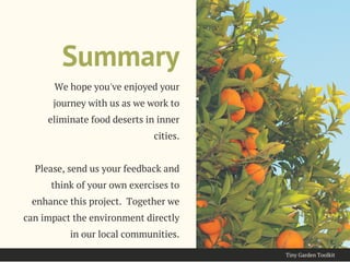 Summary
We hope you've enjoyed your
journey with us as we work to
eliminate food deserts in inner
cities.
Please, send us your feedback and
think of your own exercises to
enhance this project.  Together we
can impact the environment directly
in our local communities.
Tiny Garden Toolkit
 