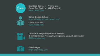 Standard Canva = Free to use
Canva For Work = $12.95/month
www.canva.com
Canva Design School
https://designschool.canva.com/
Lynda Tutorials
www.lynda.com
YouTube – ‘Beginning Graphic Design’
4 Videos: Colour, Typography, Images and Layout & Composition
GCFLearnfree.org
Free images
https://pixabay.com
 