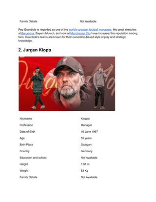Family Details Not Available
Pep Guardiola is regarded as one of the world's greatest football managers. His great stretches
at Barcelona, Bayern Munich, and now at Manchester City have increased his reputation among
fans. Guardiola's teams are known for their ownership-based style of play and strategic
knowledge.
2. Jurgen Klopp
Nickname Kloppo
Profession Manager
Date of Birth 16 June 1967
Age 55 years
Birth Place Stuttgart
Country Germany
Education and school Not Available
Height 1.91 m
Weight 83 Kg
Family Details Not Available
 
