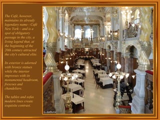 The Café, however, maintains its already legendary name - Café New York – and is a spot of obligatory passage in the city, a living legend that, at the beginning of the 20th century attracted the city's cultural elite. Its exterior is adorned with bronze statues while the interior impresses with its monumental headroom, frescoes and chandeliers.   The tables and sofas modern lines create exquisite contrast. 