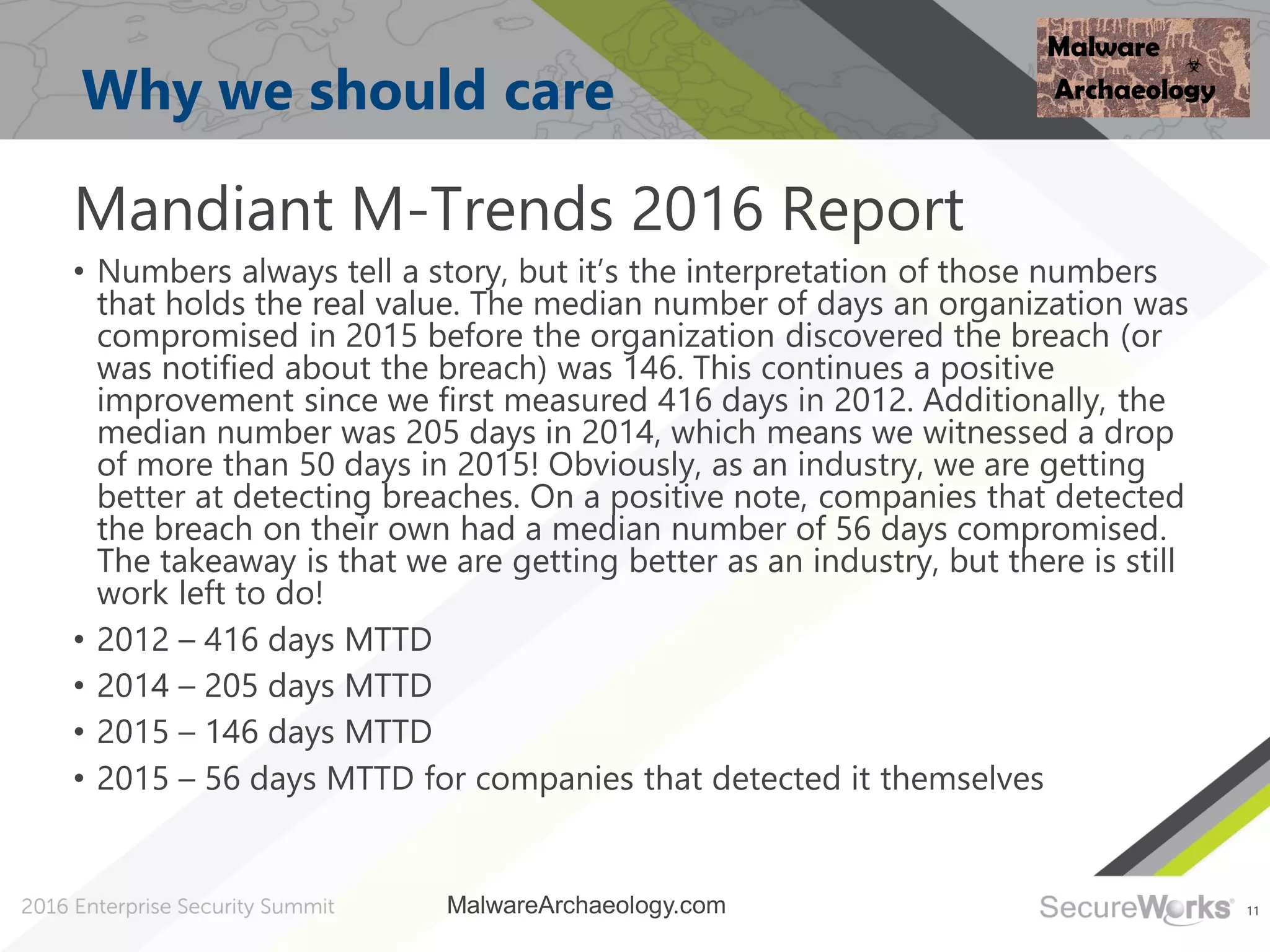 11
Why we should care
Mandiant M-Trends 2016 Report
• Numbers always tell a story, but it’s the interpretation of those numbers
that holds the real value. The median number of days an organization was
compromised in 2015 before the organization discovered the breach (or
was notified about the breach) was 146. This continues a positive
improvement since we first measured 416 days in 2012. Additionally, the
median number was 205 days in 2014, which means we witnessed a drop
of more than 50 days in 2015! Obviously, as an industry, we are getting
better at detecting breaches. On a positive note, companies that detected
the breach on their own had a median number of 56 days compromised.
The takeaway is that we are getting better as an industry, but there is still
work left to do!
• 2012 – 416 days MTTD
• 2014 – 205 days MTTD
• 2015 – 146 days MTTD
• 2015 – 56 days MTTD for companies that detected it themselves
MalwareArchaeology.com
 