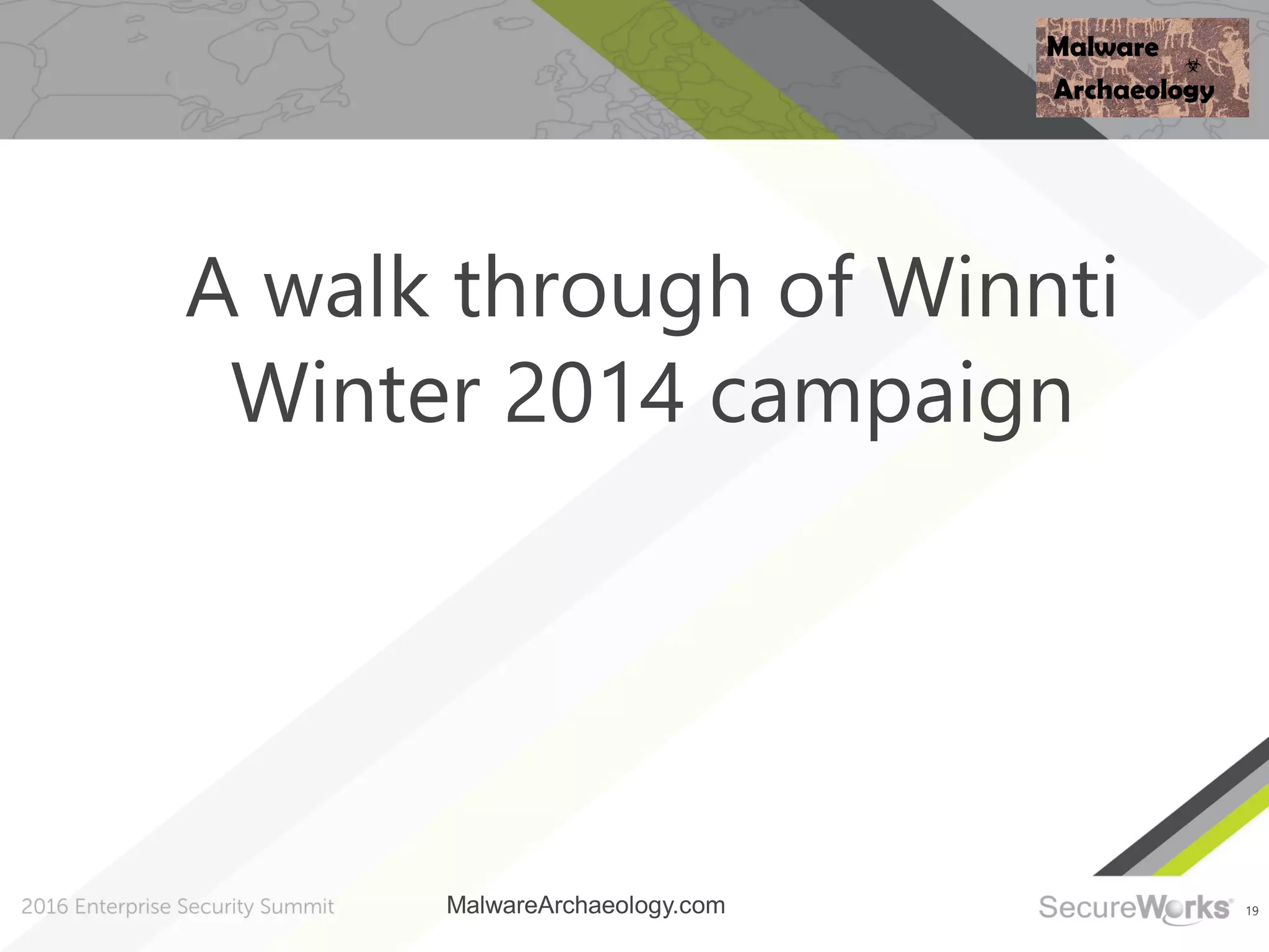 19
A walk through of Winnti
Winter 2014 campaign
MalwareArchaeology.com
 