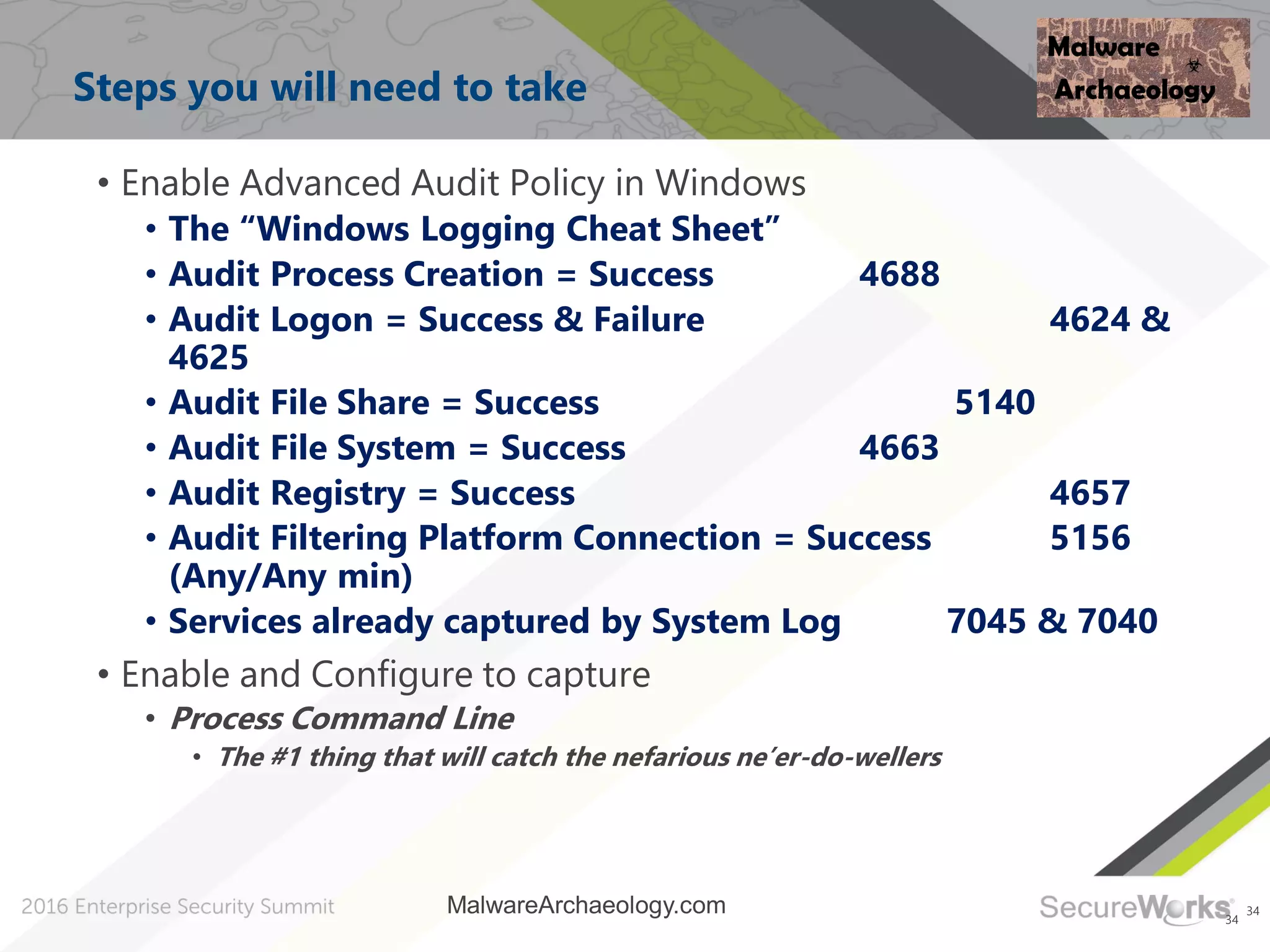 34
Steps you will need to take
34
• Enable Advanced Audit Policy in Windows
• The “Windows Logging Cheat Sheet”
• Audit Process Creation = Success 4688
• Audit Logon = Success & Failure 4624 &
4625
• Audit File Share = Success 5140
• Audit File System = Success 4663
• Audit Registry = Success 4657
• Audit Filtering Platform Connection = Success 5156
(Any/Any min)
• Services already captured by System Log 7045 & 7040
• Enable and Configure to capture
• Process Command Line
• The #1 thing that will catch the nefarious ne’er-do-wellers
MalwareArchaeology.com
 