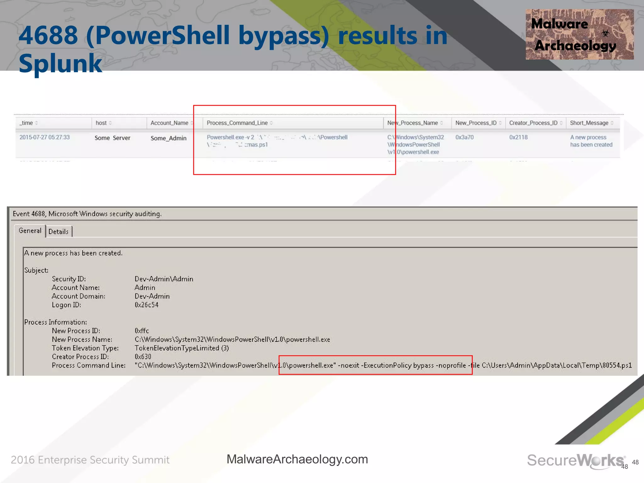 48
4688 (PowerShell bypass) results in
Splunk
48
MalwareArchaeology.com
 