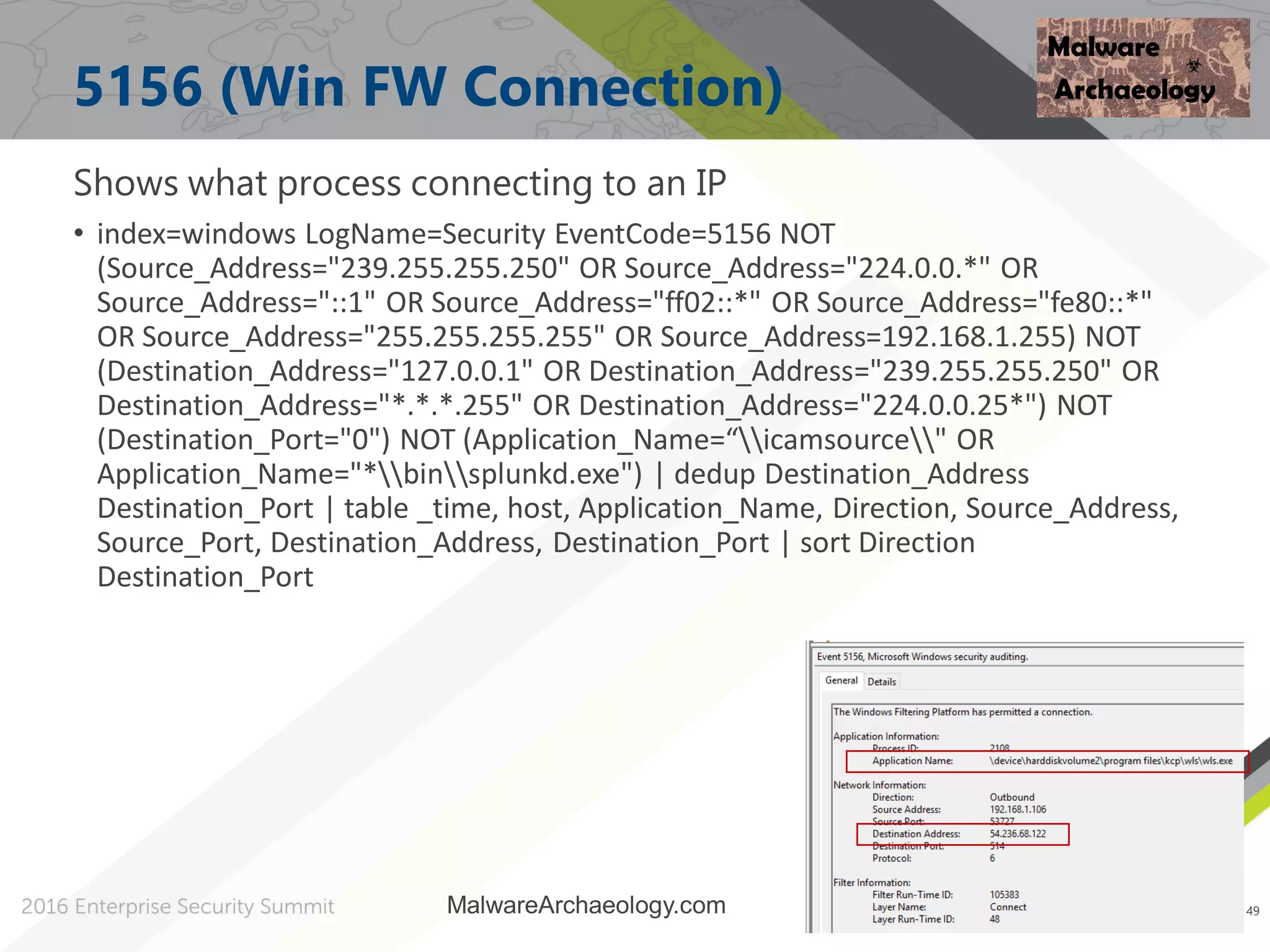 49
5156 (Win FW Connection)
Shows what process connecting to an IP
• index=windows LogName=Security EventCode=5156 NOT
(Source_Address="239.255.255.250" OR Source_Address="224.0.0.*" OR
Source_Address="::1" OR Source_Address="ff02::*" OR Source_Address="fe80::*"
OR Source_Address="255.255.255.255" OR Source_Address=192.168.1.255) NOT
(Destination_Address="127.0.0.1" OR Destination_Address="239.255.255.250" OR
Destination_Address="*.*.*.255" OR Destination_Address="224.0.0.25*") NOT
(Destination_Port="0") NOT (Application_Name=“icamsource" OR
Application_Name="*binsplunkd.exe") | dedup Destination_Address
Destination_Port | table _time, host, Application_Name, Direction, Source_Address,
Source_Port, Destination_Address, Destination_Port | sort Direction
Destination_Port
49
MalwareArchaeology.com
 