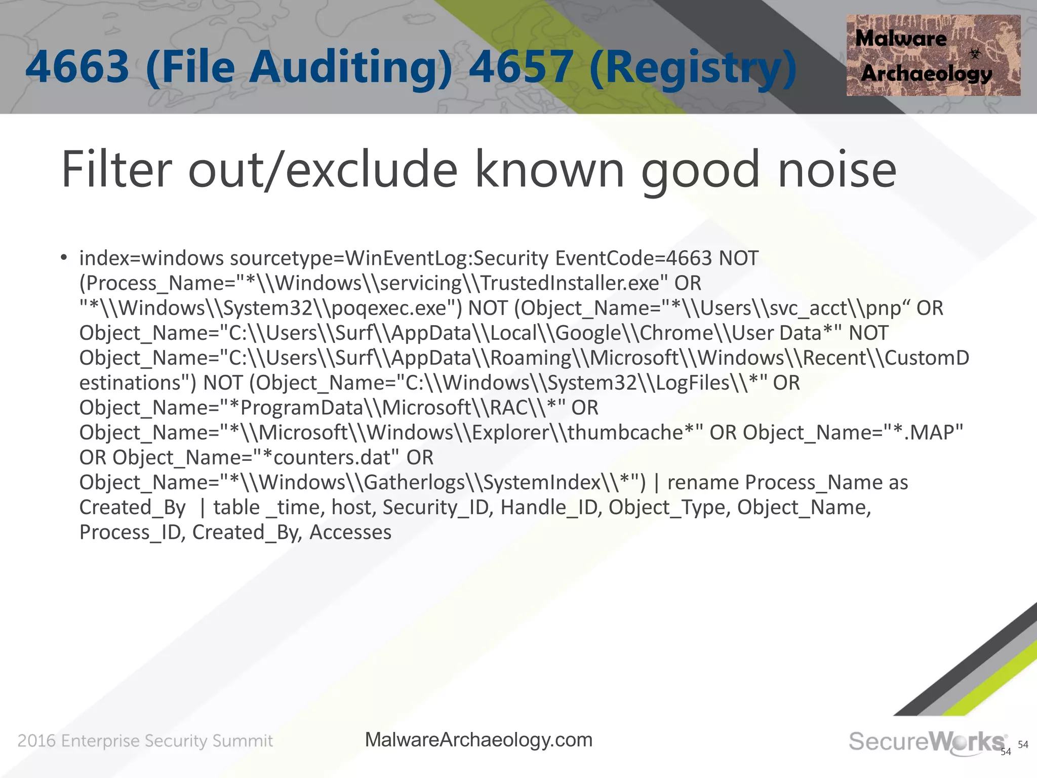 54
4663 (File Auditing) 4657 (Registry)
Filter out/exclude known good noise
• index=windows sourcetype=WinEventLog:Security EventCode=4663 NOT
(Process_Name="*WindowsservicingTrustedInstaller.exe" OR
"*WindowsSystem32poqexec.exe") NOT (Object_Name="*Userssvc_acctpnp“ OR
Object_Name="C:UsersSurfAppDataLocalGoogleChromeUser Data*" NOT
Object_Name="C:UsersSurfAppDataRoamingMicrosoftWindowsRecentCustomD
estinations") NOT (Object_Name="C:WindowsSystem32LogFiles*" OR
Object_Name="*ProgramDataMicrosoftRAC*" OR
Object_Name="*MicrosoftWindowsExplorerthumbcache*" OR Object_Name="*.MAP"
OR Object_Name="*counters.dat" OR
Object_Name="*WindowsGatherlogsSystemIndex*") | rename Process_Name as
Created_By | table _time, host, Security_ID, Handle_ID, Object_Type, Object_Name,
Process_ID, Created_By, Accesses
54
MalwareArchaeology.com
 